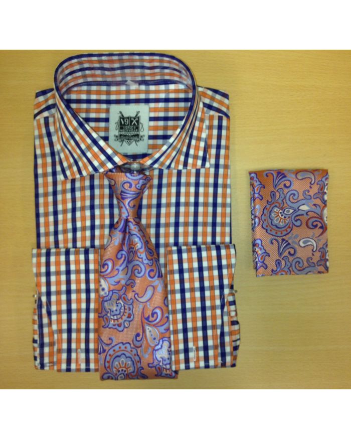 Mens Orange Navy Check Dress Shirt Set with Matching Tie & Hanky 15" - 15 1/2" (Medium) - 34/35 Mens Orange Navy Check Dress Shirt Set with Matching Tie & Hanky 15" - 15 1/2" (Medium) - 34/35