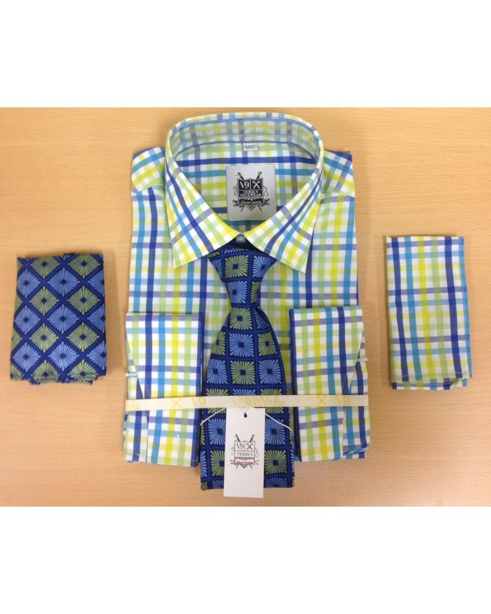 Men's Fashion Royal and Yellow Tri-Mix Dress Shirt and Custom Tie and 2 Hankies