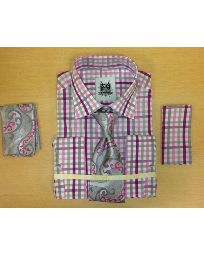 strapless open back dress Pink & Gray Tri-Mix Check Shirt Tie & 2 Hankies - French Cuffs 18