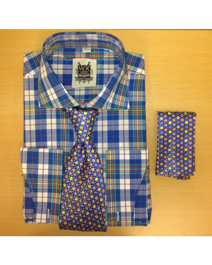 Men's Fashion Royal Blue Checked Polka Dress Shirt and Custom Tie/Hanky