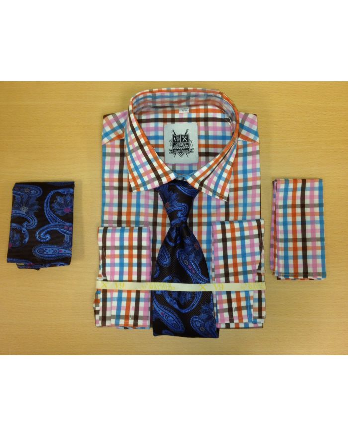 Mens Pink Brown Blue Check Dress Shirt Set with Tie & Hankies 17" - 17 1/2" (X-Large) - 34/35 Mens Pink Brown Blue Check Dress Shirt Set with Tie & Hankies 17" - 17 1/2" (X-Large) - 34/35