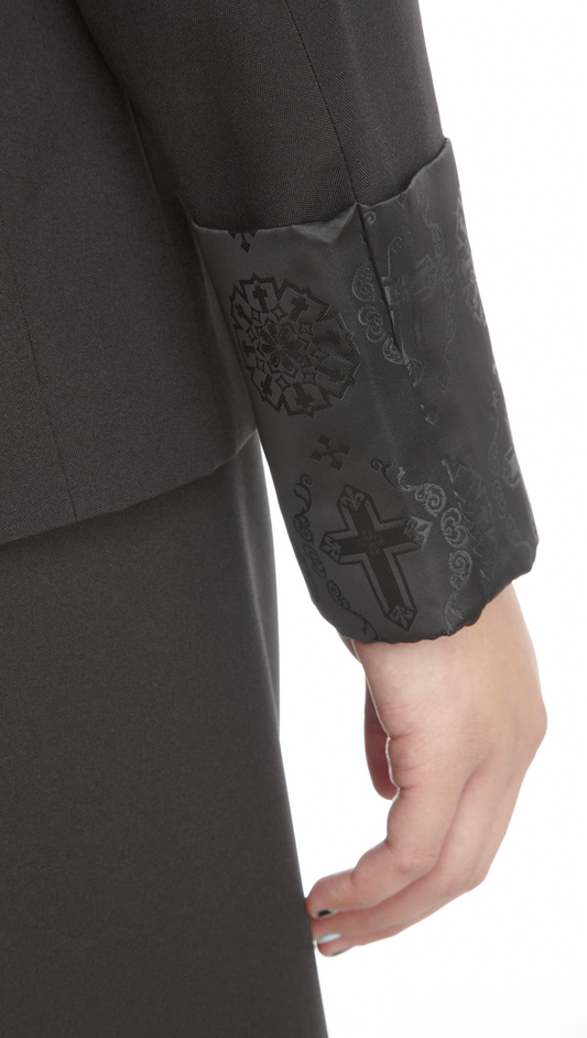 Women's Clergy Suit Black with Double Tone Black Brocade