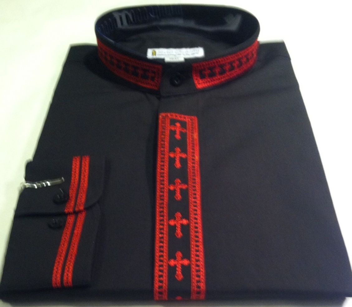 307. Men's Long-Sleeve Clergy Shirt With Fine Embroidery - Black/Red