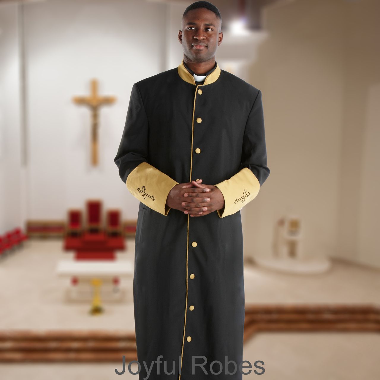 Mens Black Clergy Robe with Gold Satin Cuffs and Elegant Accents 46 Mens Black Clergy Robe with Gold Satin Cuffs and Elegant Accents 46