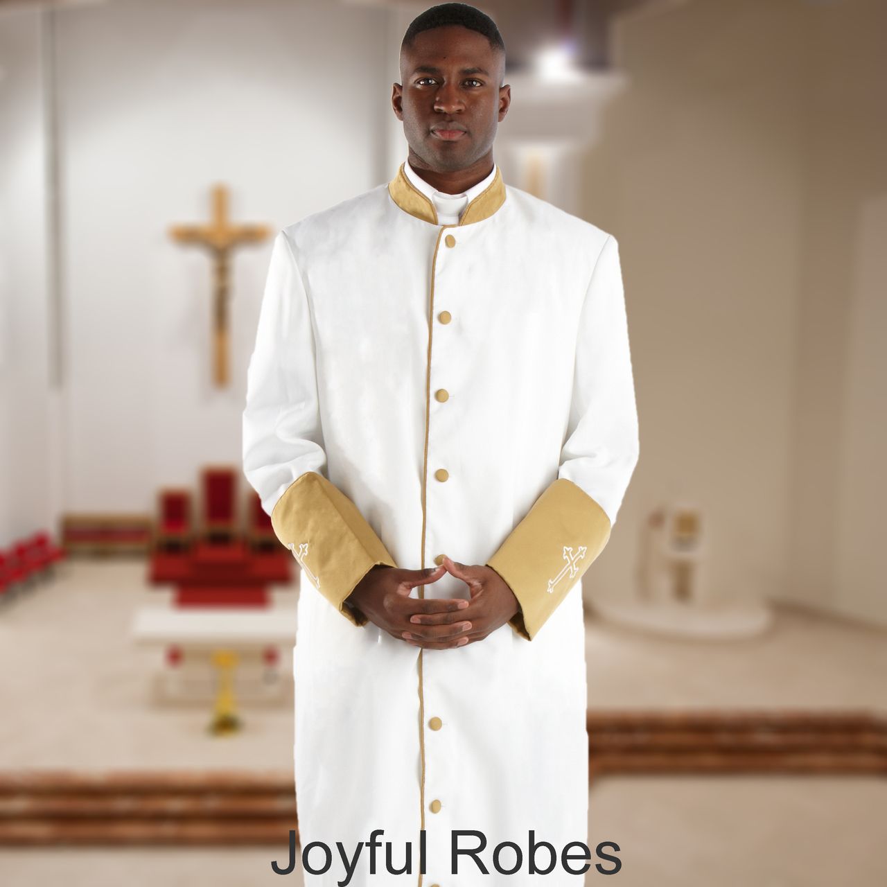 Men's White and Gold Clergy Robe with Embroidered Satin Cuffs Suit Avenue Men's White and Gold Clergy Robe with Embroidered Satin Cuffs Suit Avenue