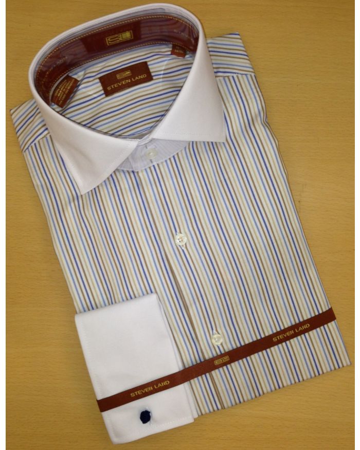 Steven Land White Dress Shirt - Blue Taupe Stripe French Cuff 15 Steven Land White Dress Shirt - Blue Taupe Stripe French Cuff 15