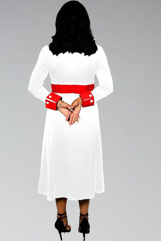 Women's Clergy Dress White with Red Designer Buttons