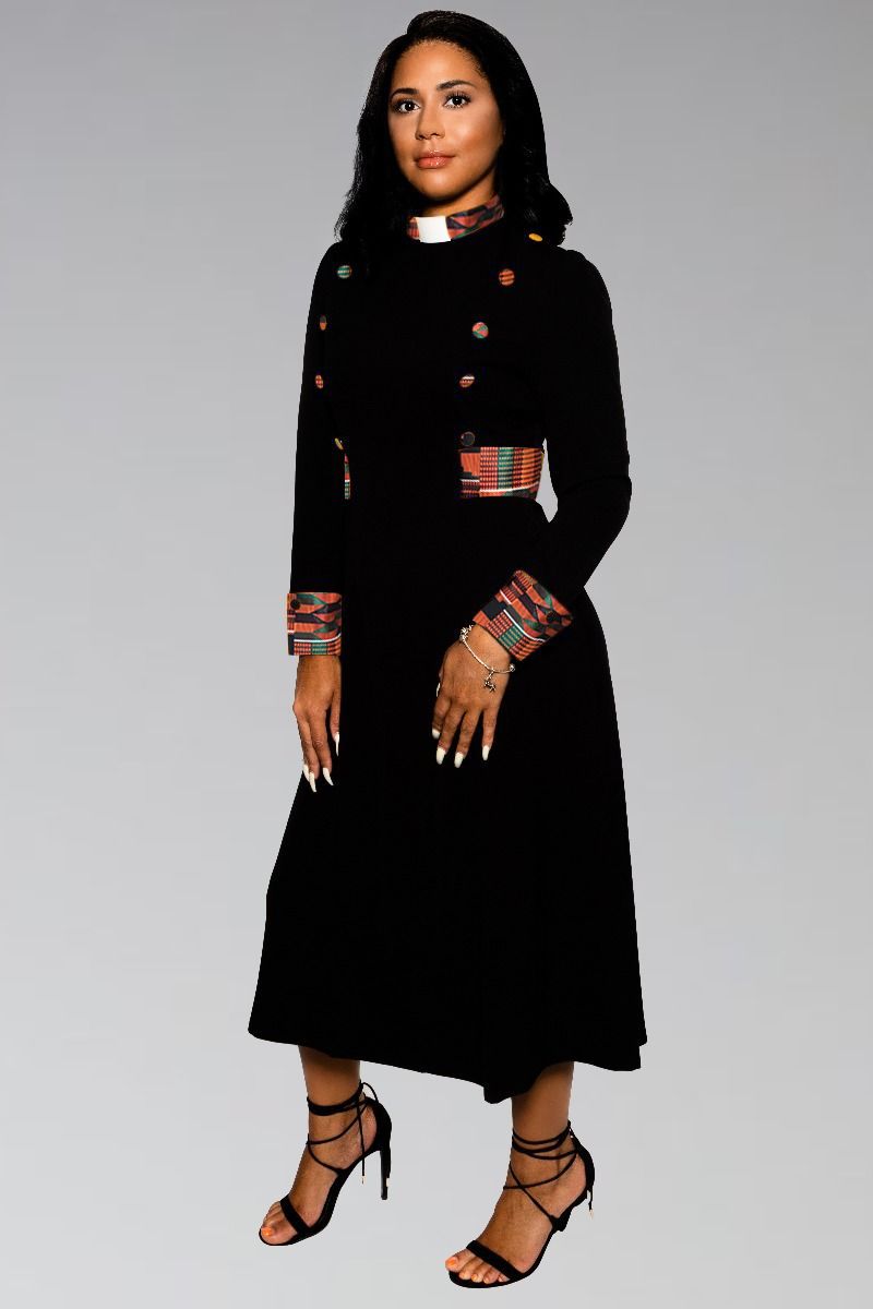 Womens Black Clergy Dress with Kente Contrast Collar & Buttons M (12-14) Womens Black Clergy Dress with Kente Contrast Collar & Buttons M (12-14)