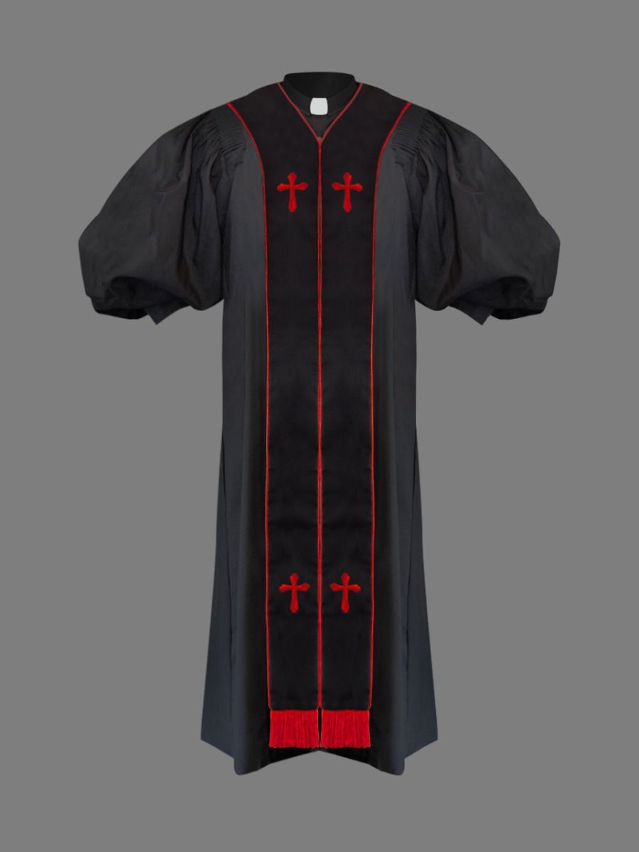 Clergy Pulpit Robe Black with Free Black/Red Stole