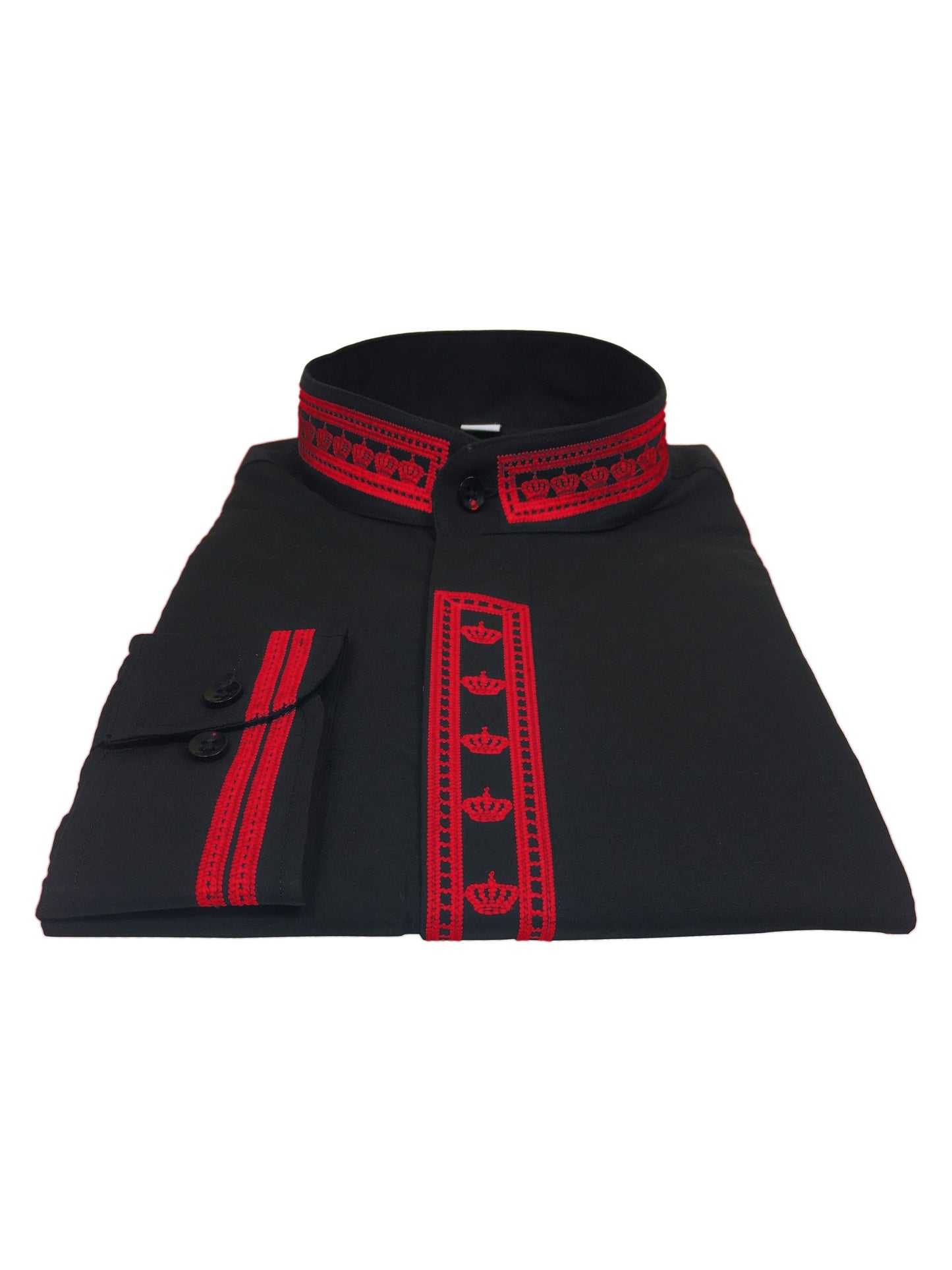 340. Men's Clergy Shirt With Rejoice Crown Fine Embroidery Long Sleeves- Black/Red