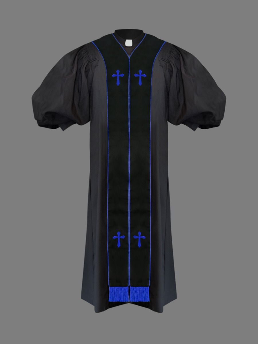 Clergy Pulpit Robe Black with Free Black/Royal Stole