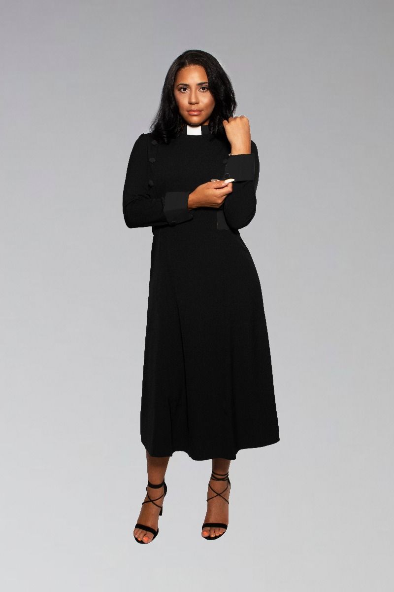 knee length dresses for ladies Women’s Black Clergy Dress with Contrast Collar & Designer Buttons L (16-18)