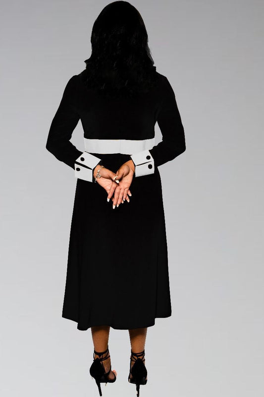 Women's FULL Collar Clergy Dress Black with White Designer Buttons Full Collar