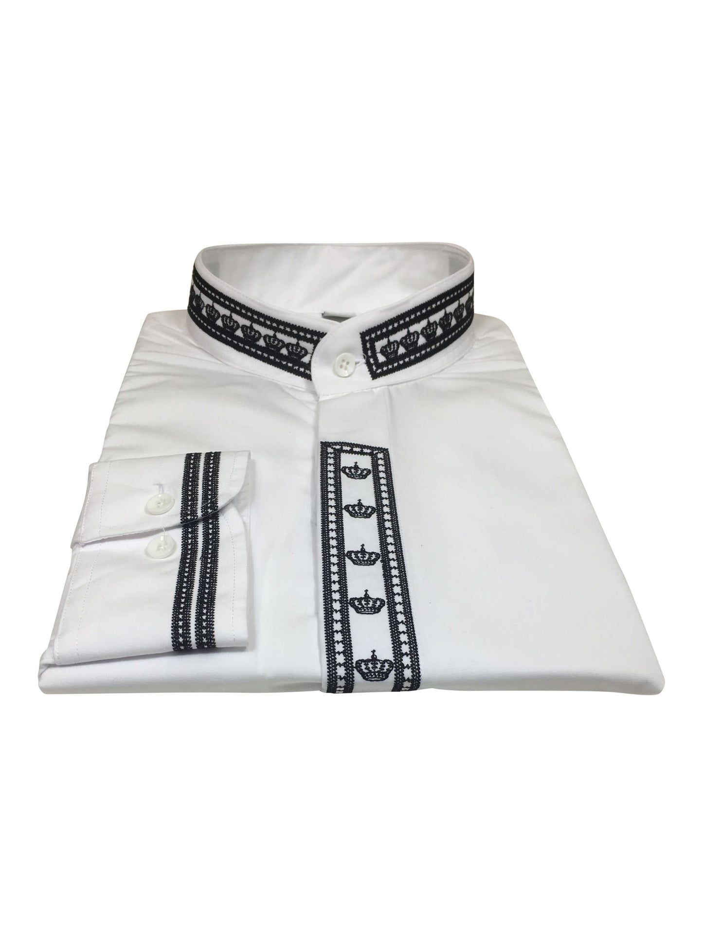 Men's Clergy Shirt With Rejoice Crown Fine Embroidery Long Sleeves- White/Black