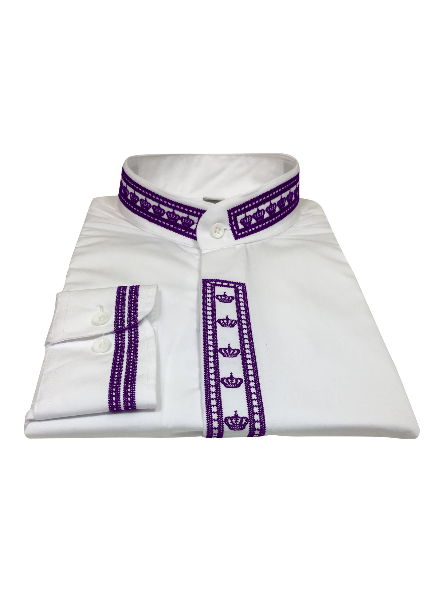345. Men's Clergy Shirt With Rejoice Crown Fine Embroidery Long Sleeves- White/Purple