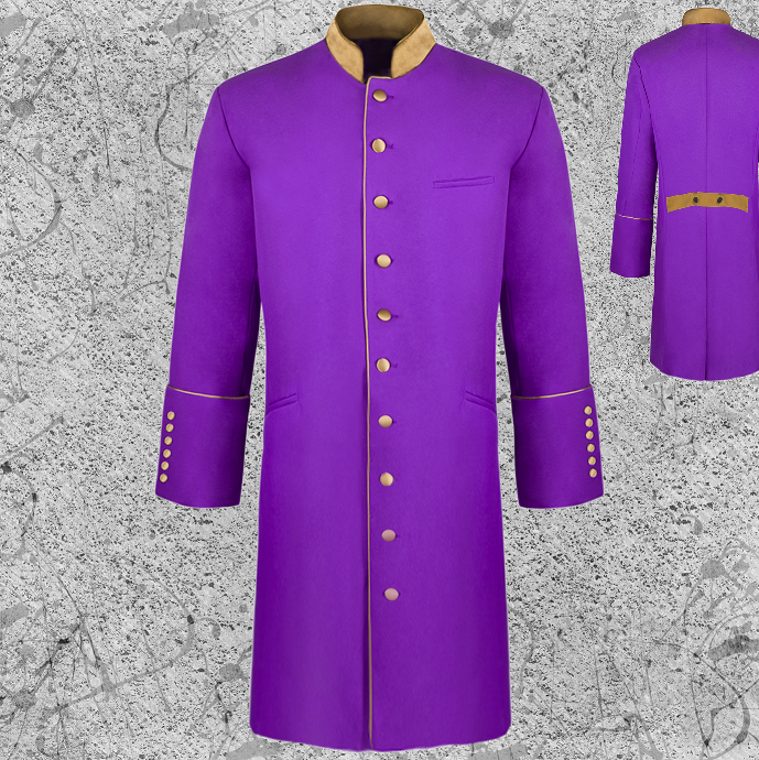 Men's Full Length Clergy Jacket Purple and Gold Trimming