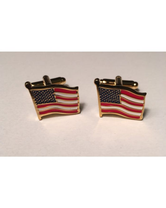 American Flag - God Bless America Style Cufflinks with Windy Look in Gold