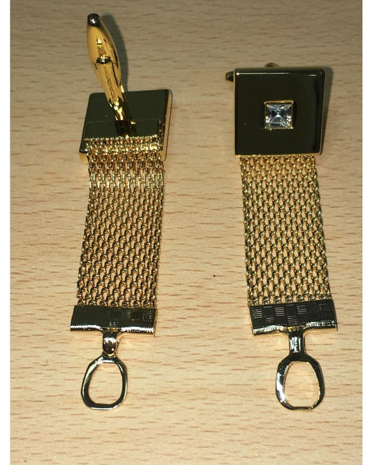 Chain Wrap-Around Square Cufflinks with a Crystal Stone - GOLD