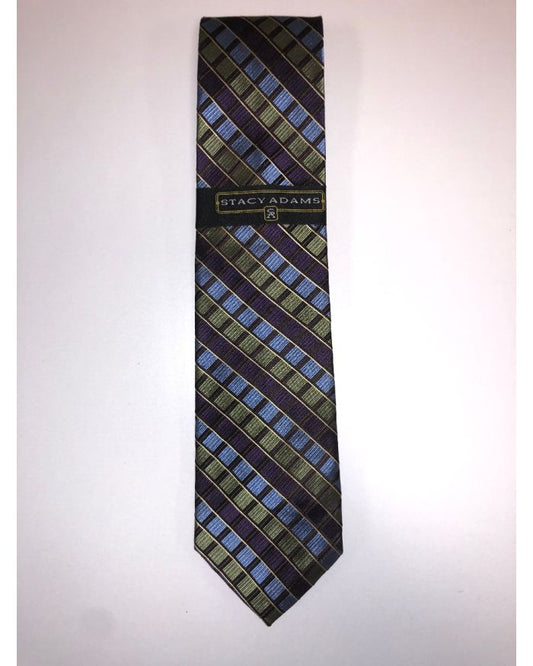 Stacy Adams Premium Handmade Silk Neck Tie AND HANKY - Olive & Purple Squares