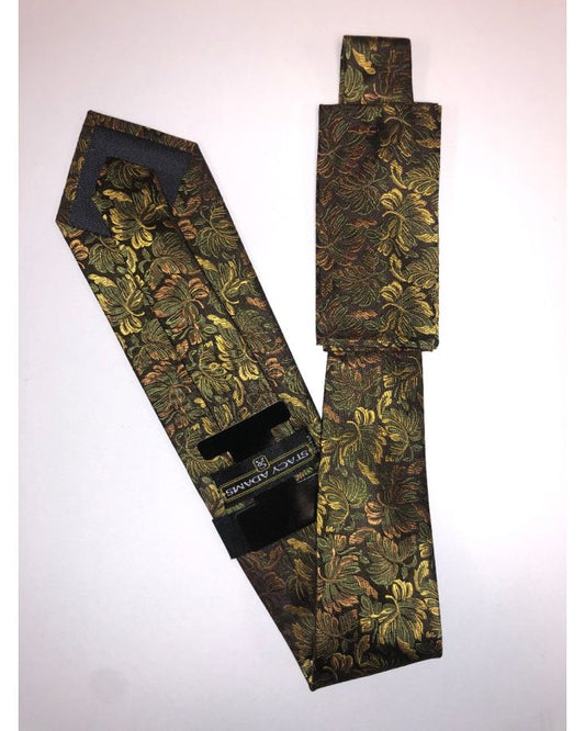 Stacy Adams Premium Handmade Silk Neck Tie AND HANKY - Brown & Gold Floral