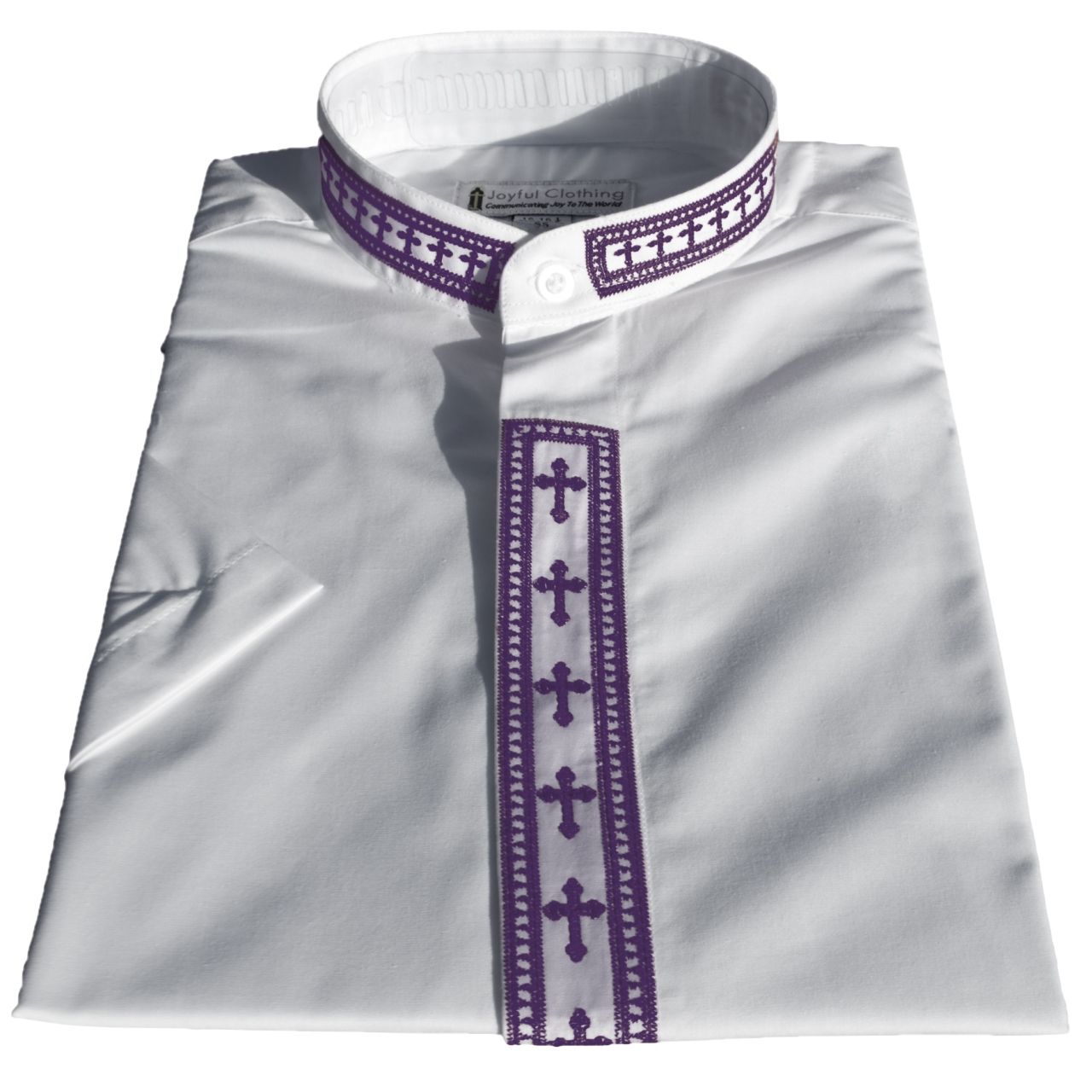 767. Women's Short-Sleeve Clergy Shirt With Fine Embroidery - White/Purple