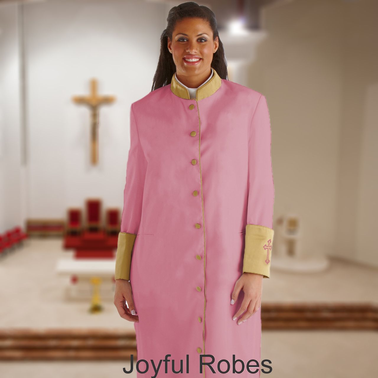 Women's Rose Clergy Robe | Gold Cuff & Embroidered Cross 18 Women's Rose Clergy Robe | Gold Cuff & Embroidered Cross 18