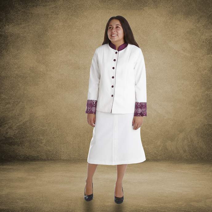 733 W. Women's 2 Pc. Clergy Suit White/Purple Brocade