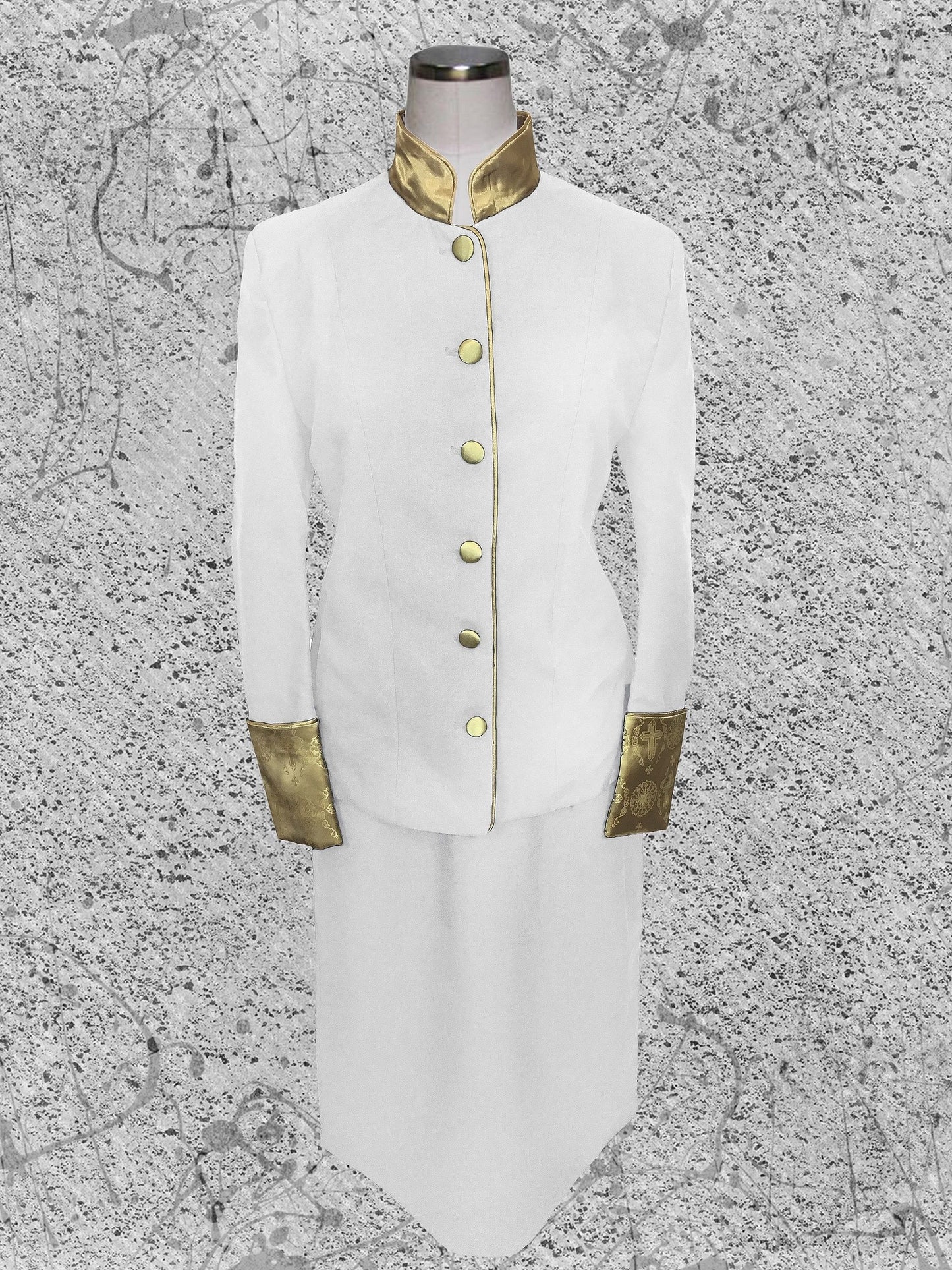 739 W. Women's 2 Pc. Clergy Suit White with Double Tone Gold Brocade