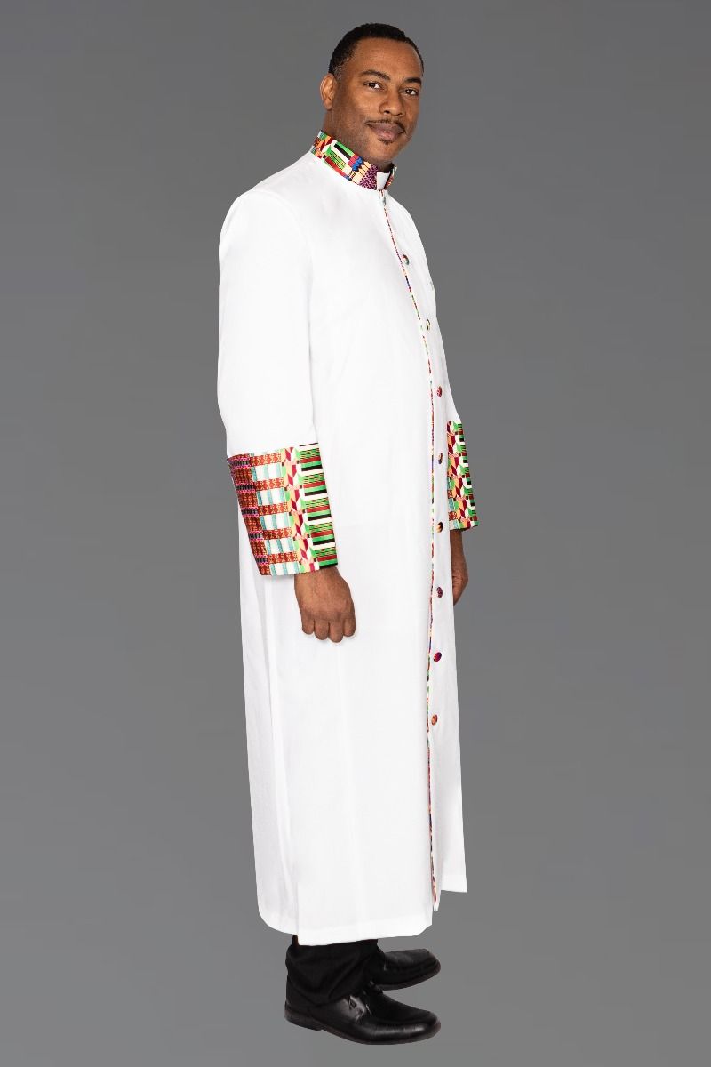 Men s White Clergy Robe With African Kwangali Cloth Custom Design men-s-white-clergy-robe-with-african-kwangali-cloth-custom-design