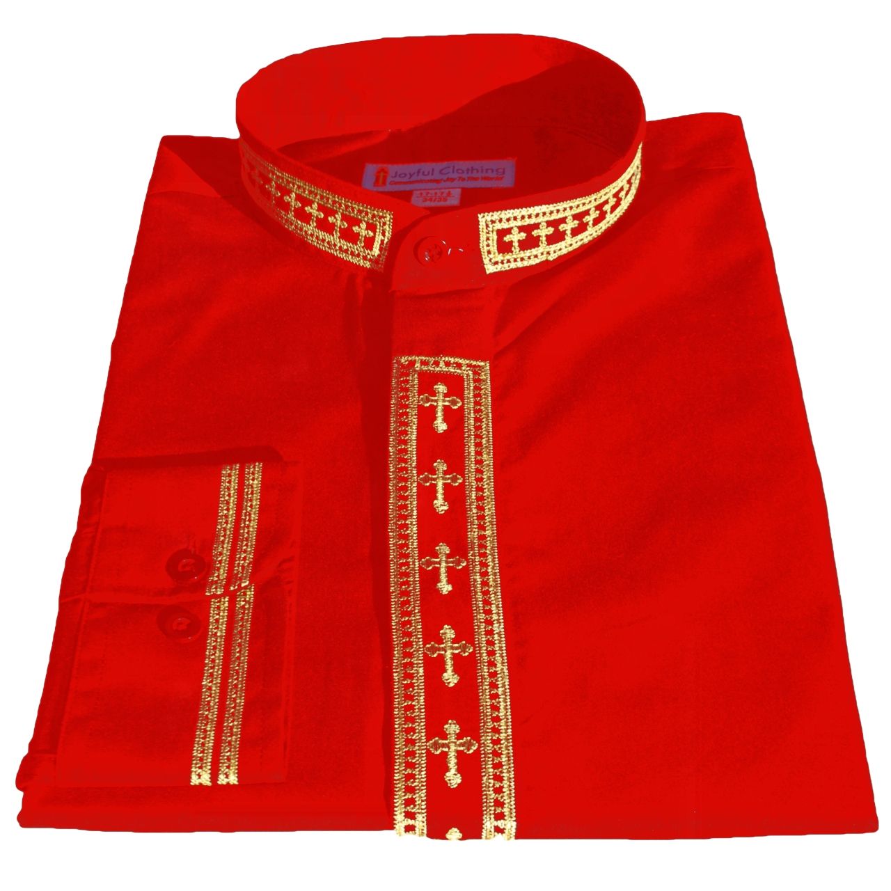Men's Long-Sleeve Clergy Shirt With Fine Embroidery - Red/Gold