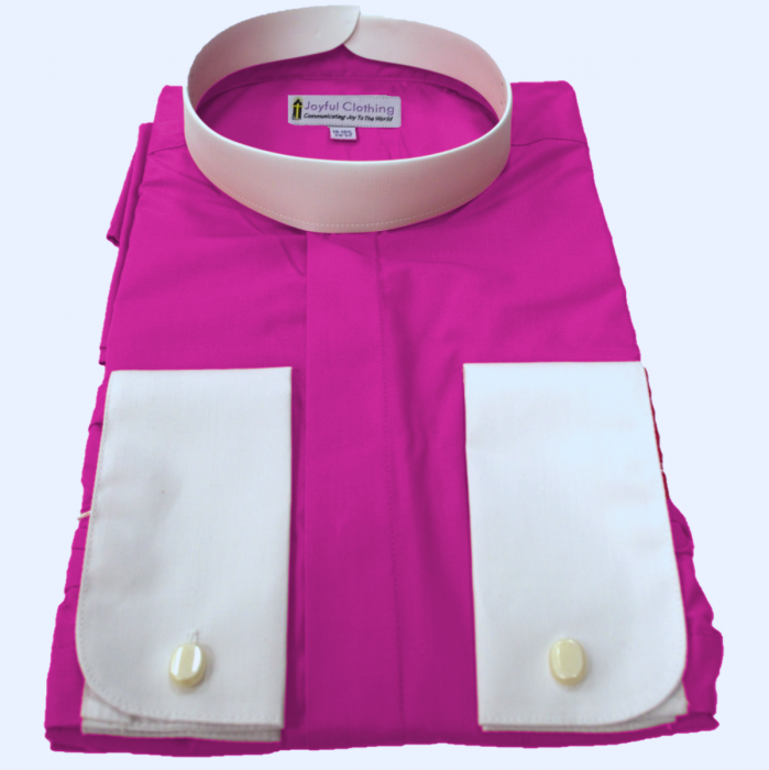 216. Men's Long-Sleeve Full-Collar Banded Clergy Shirt - Fuchsia with White Cuffs