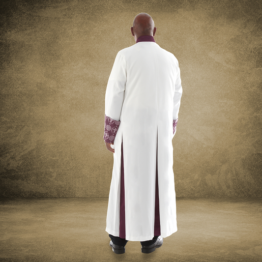 Men's Premium Pastor/Clergy Robe - White/Purple with Fancy Pleats