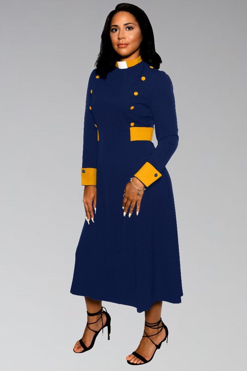 Modern Navy Blue Women's Clergy Dress | Gold Button Detail XL (20-22) Modern Navy Blue Women's Clergy Dress | Gold Button Detail XL (20-22)