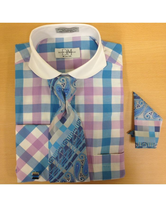Men's Fashion Large Checked Squares Cufflink Dress Shirt Set - Blue and Pink