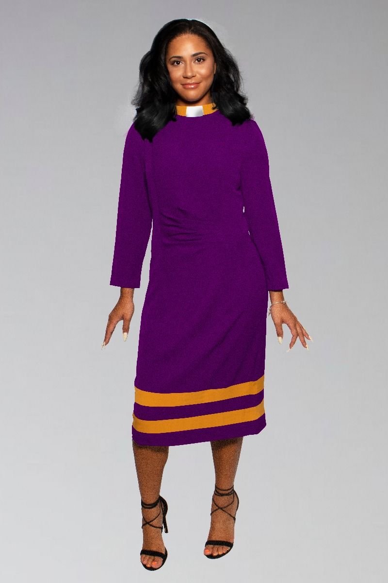 Ladies Purple Clergy Dress with Gold Contrast Trim and Modern Collar 24 Ladies Purple Clergy Dress with Gold Contrast Trim and Modern Collar 24
