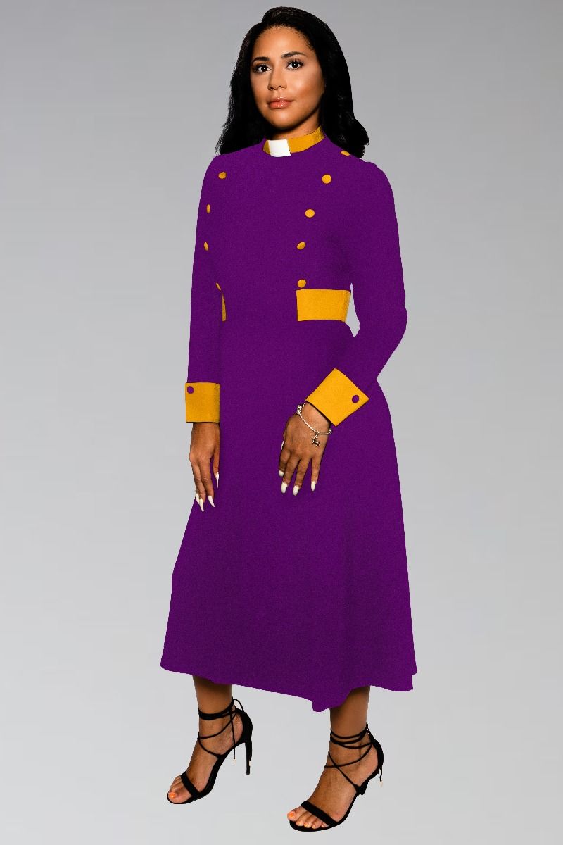Women's Clergy Dress Purple with Gold Designer Buttons