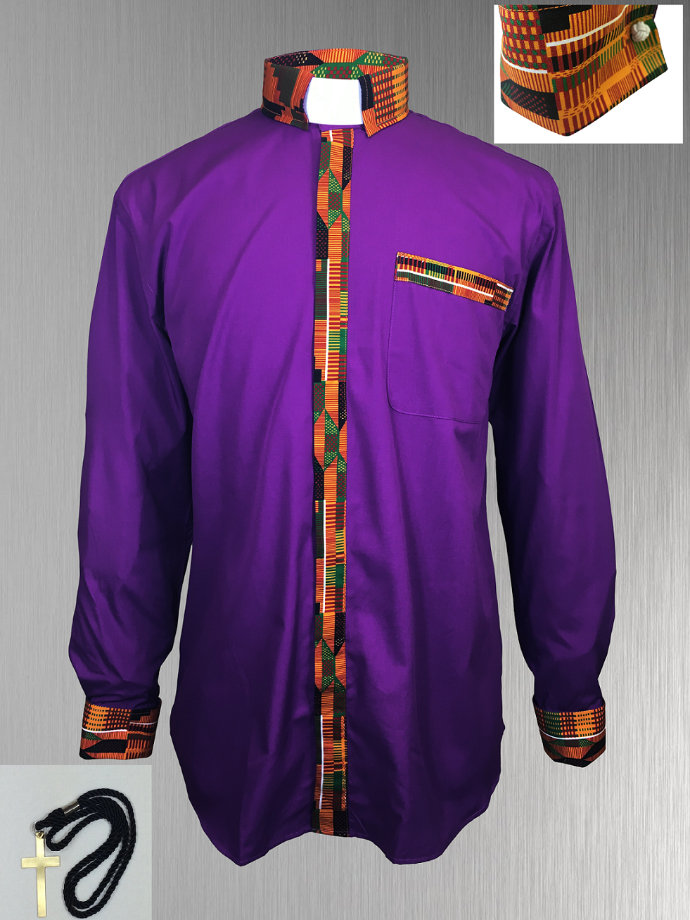 *Featured* Custom Edition Kente Cloth Men’s Tab Collar Clergy Shirt Set - Purple
