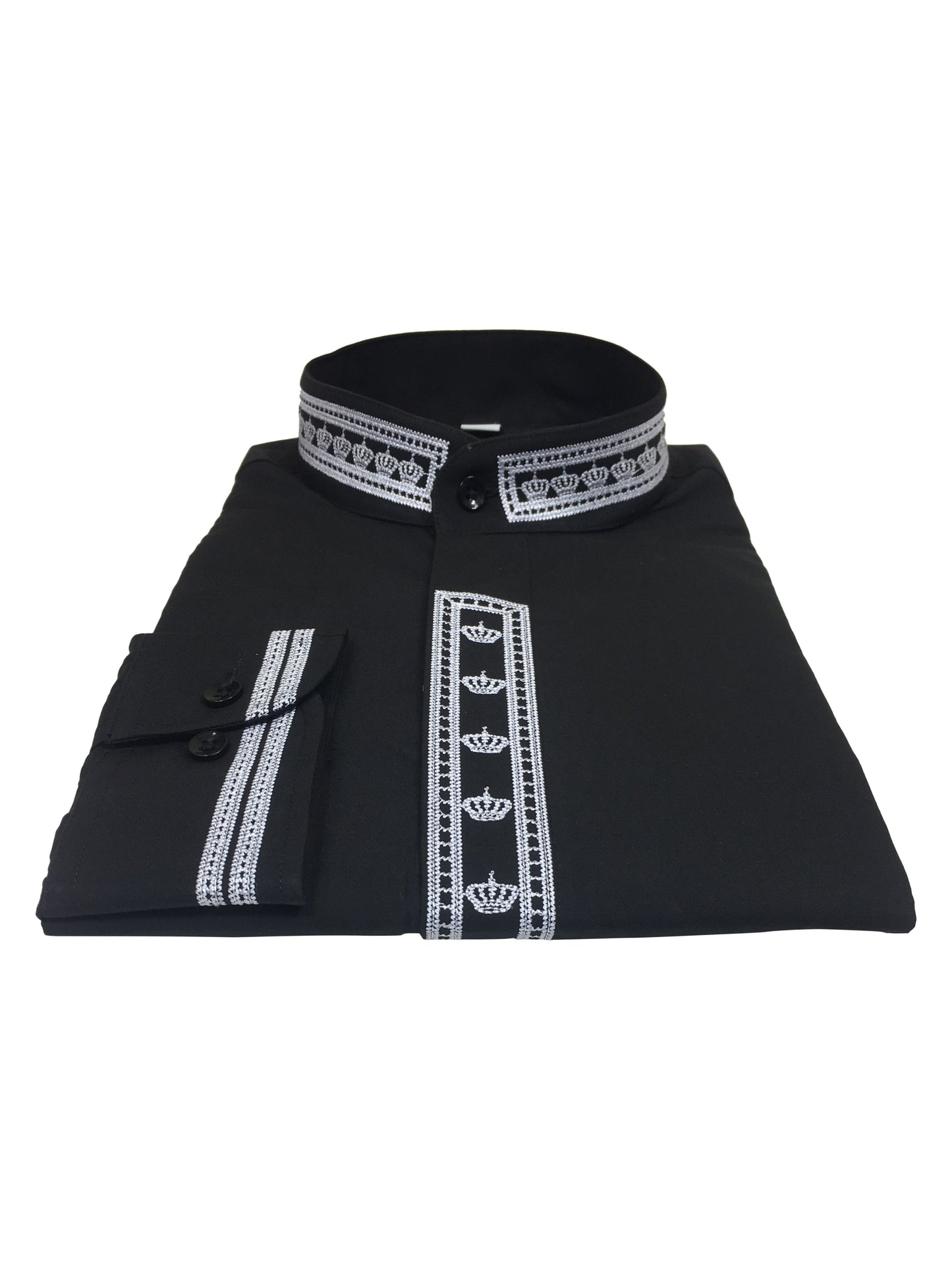 341. Men's Clergy Shirt With Rejoice Crown Fine Embroidery Long Sleeves- Black/White