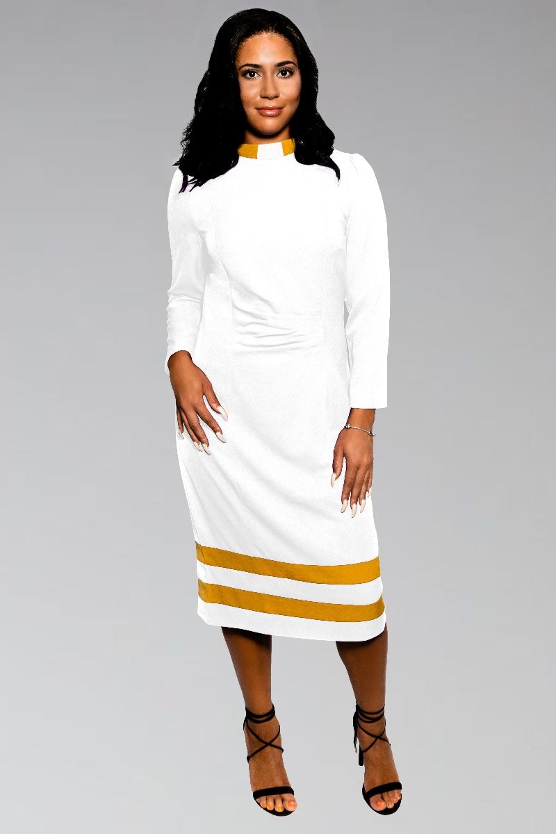 Womens White Clergy Dress with Gold Contrast Bands and Collar 24 Womens White Clergy Dress with Gold Contrast Bands and Collar 24