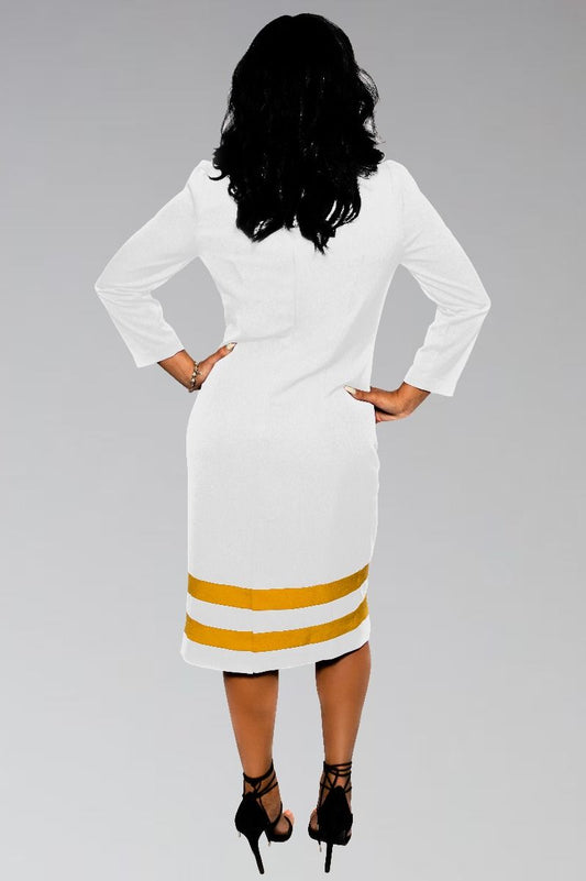 Ladies Clergy Dress White with Gold Contrast