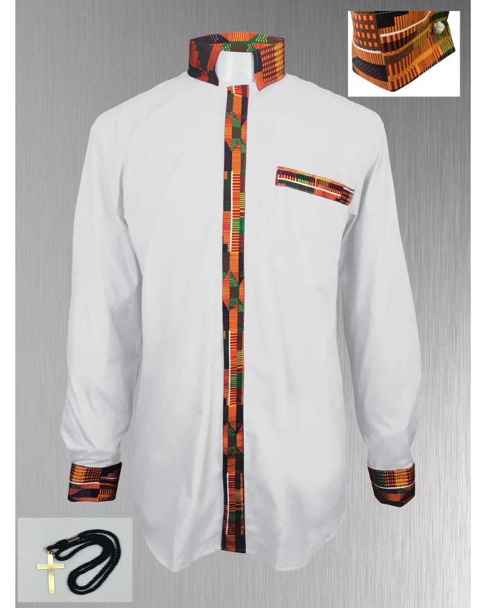*Featured* Custom Edition Kente Cloth Men’s Tab Collar Clergy Shirt Set - White