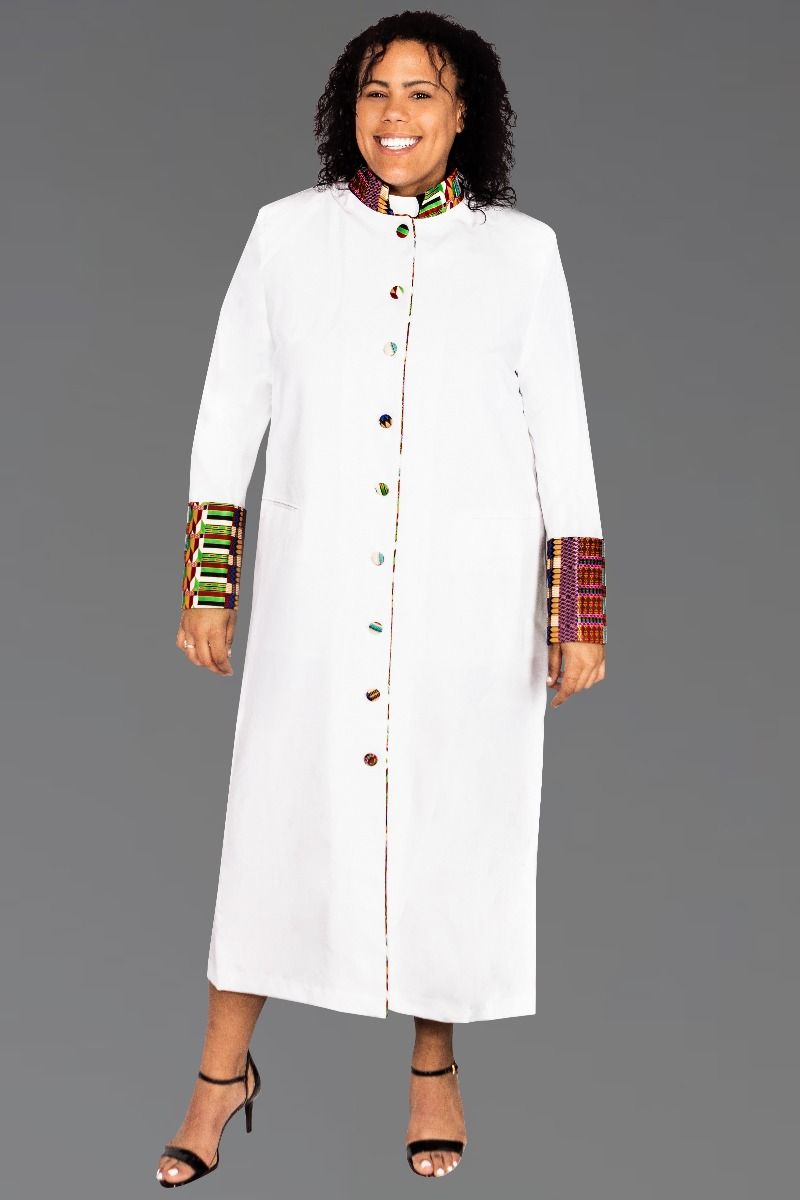 831 W. Ladies Clergy Robe - White with Modern African Kwangali Fabric