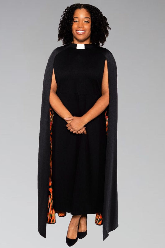 Ladies Clergy Dress - Black with Modern Kente CAPE