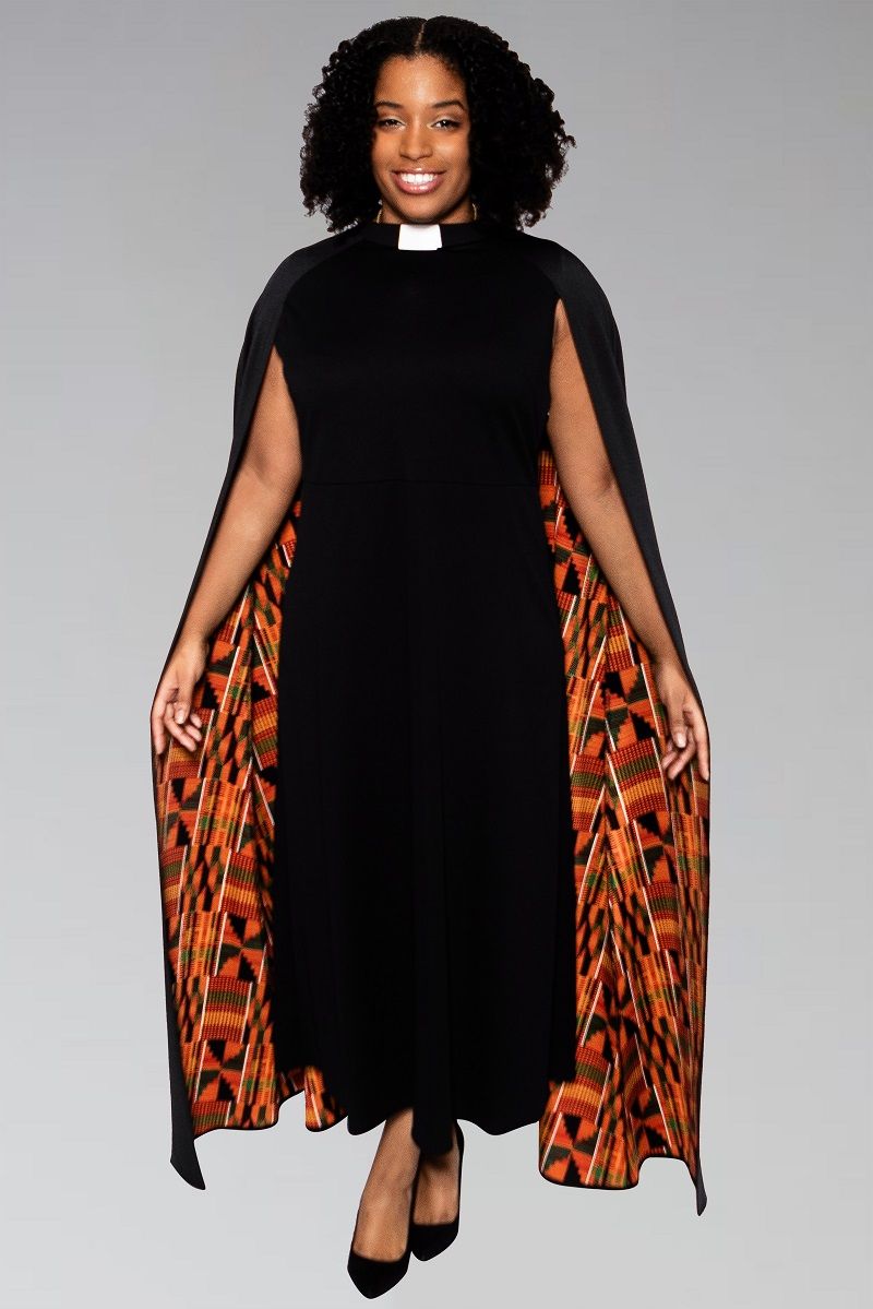 Black Womens Clergy Dress with Modern Kente Cape and Collar S (8-10) Black Womens Clergy Dress with Modern Kente Cape and Collar S (8-10)