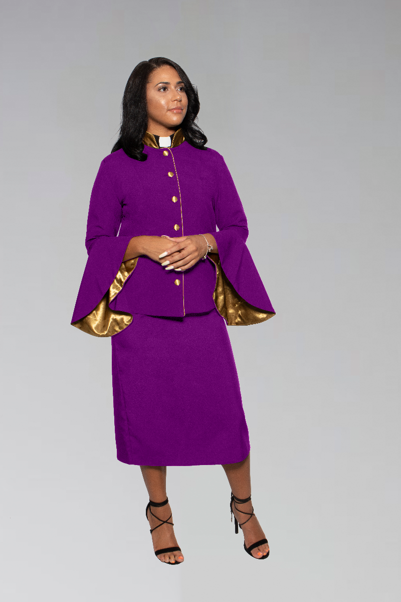strapless open back dress Women’s Purple Clergy Suit with Gold Flared Sleeves and Accents