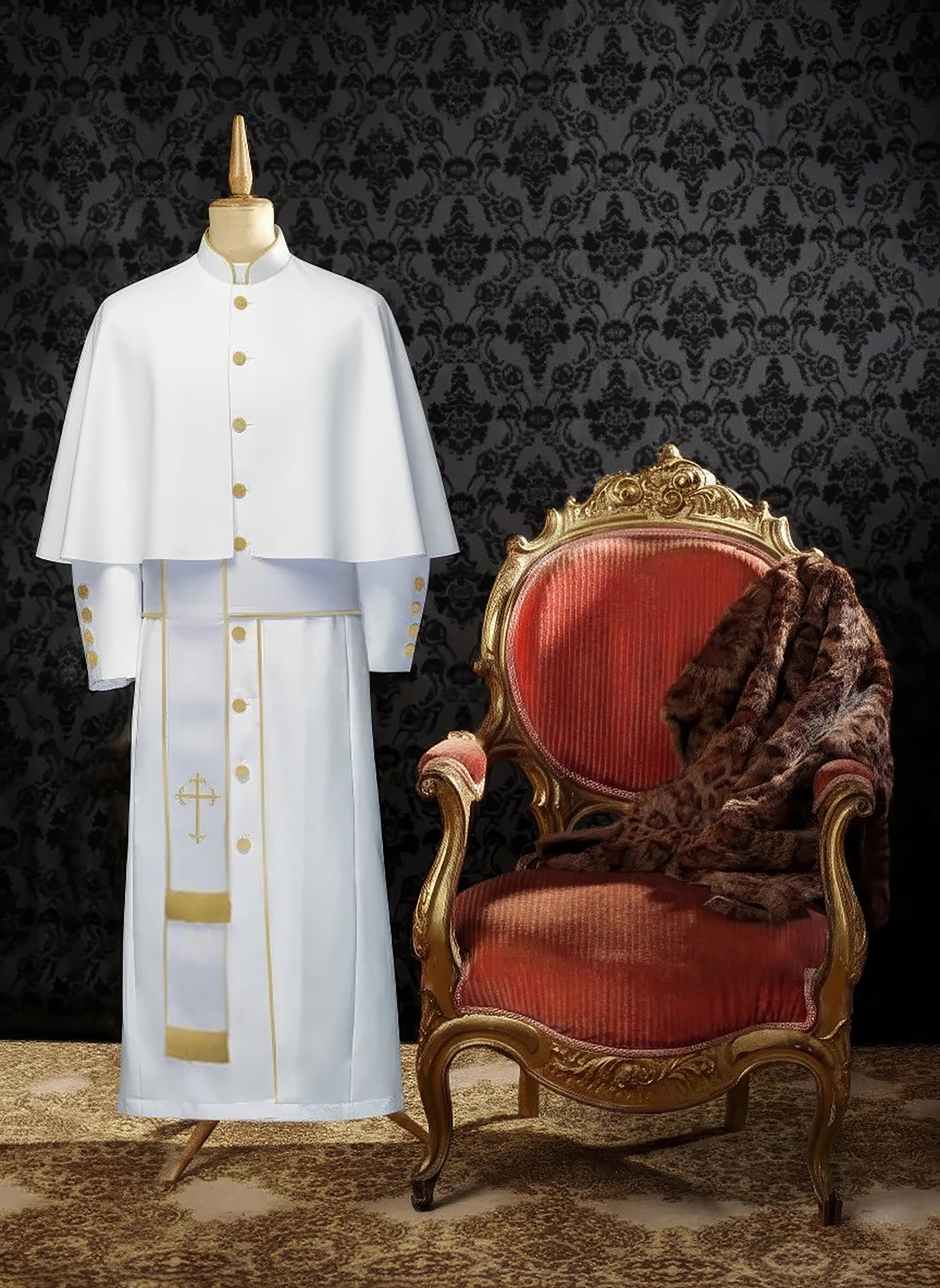 173 W. Limited Exclusive Women's Pastor/Clergy Robe White/Deep Gold Luxury Ensemble