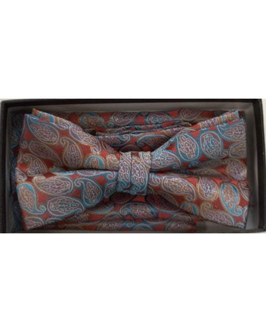 Men's Paisley Pattern Bow Tie + Hanky - Red & Blue