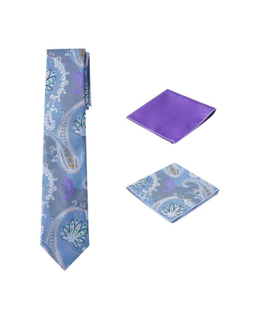 Men's Unique Printed Paisley Flower Blue Themed Necktie w/ 2 handkerchiefs