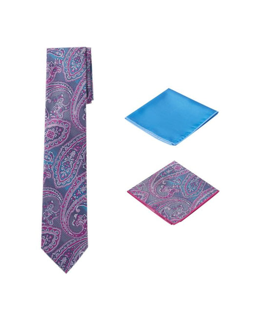 Men's Unique Printed Paisley Pink Grey Themed Necktie w/ 2 handkerchiefs