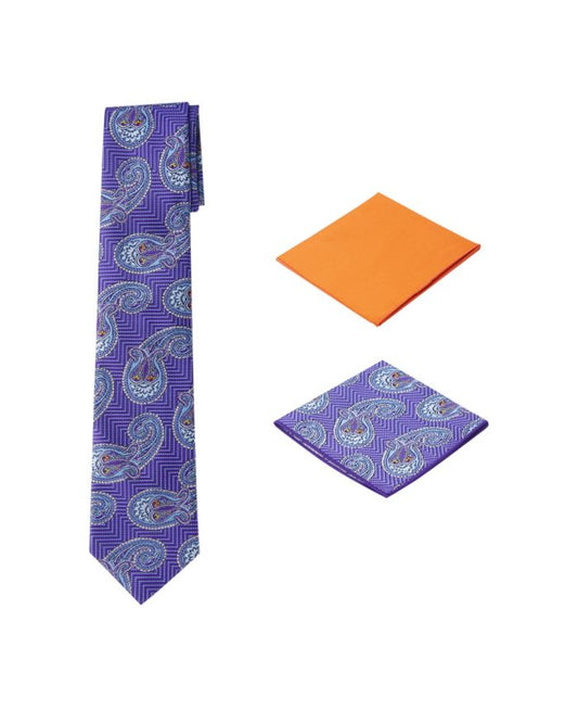 Men's Unique Printed Paisley Purple Themed Necktie w/ 2 handkerchiefs